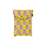 Yellow padded pouch featuring pink tortoises in black hats, inspired by the Peanuts x Baggu collection. Ideal size for a tablet sleeve. Product name: Peanuts x Baggu Tablet Sleeve - Snoopy Puffer 8". Brand: Baggu.