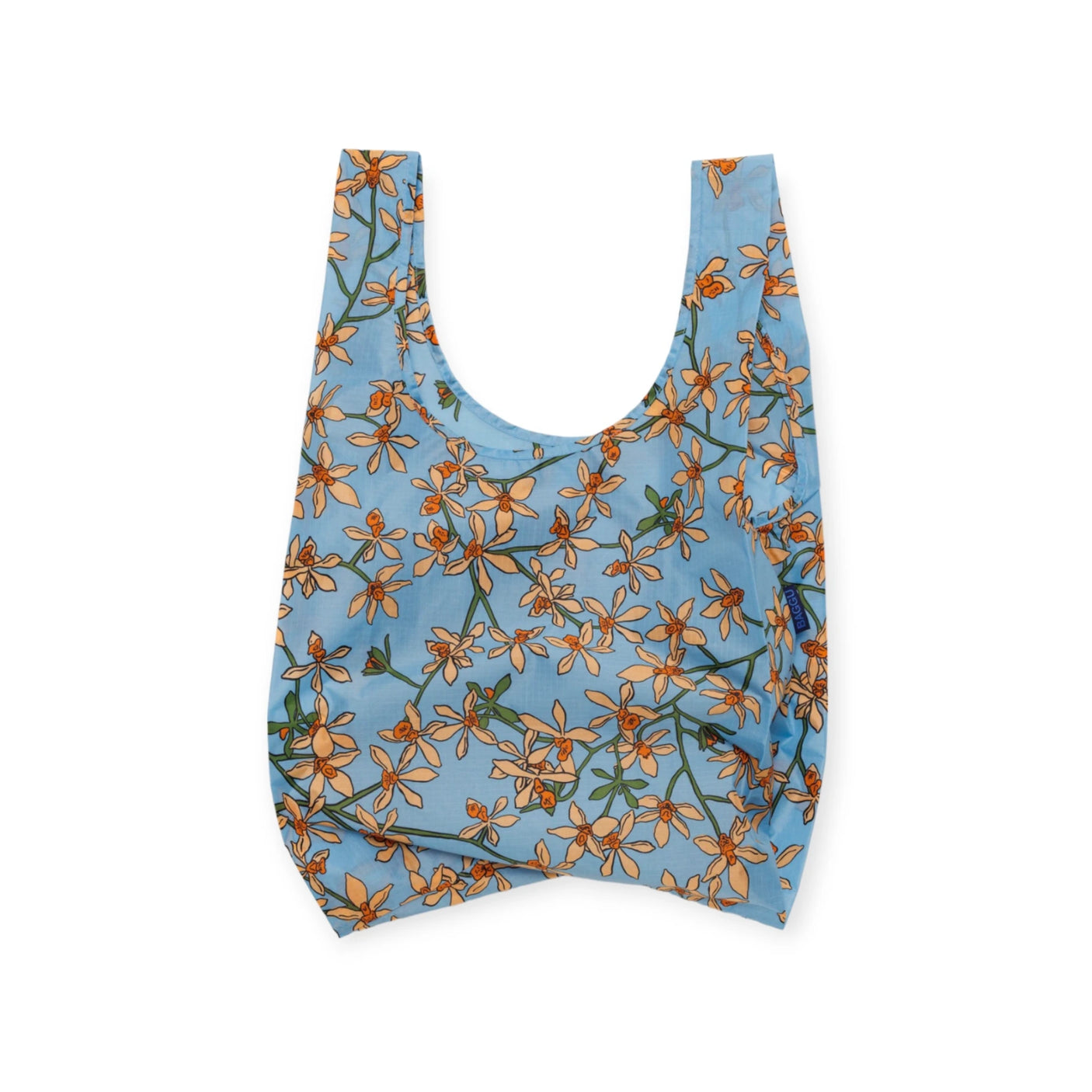 The Baggu Standard Reusable Bag - Orchid by Baggu is crafted from recycled nylon, featuring a blue background with an orange floral pattern in the Orchid design. It includes wide straps and a spacious layout, making it perfect for any occasion.