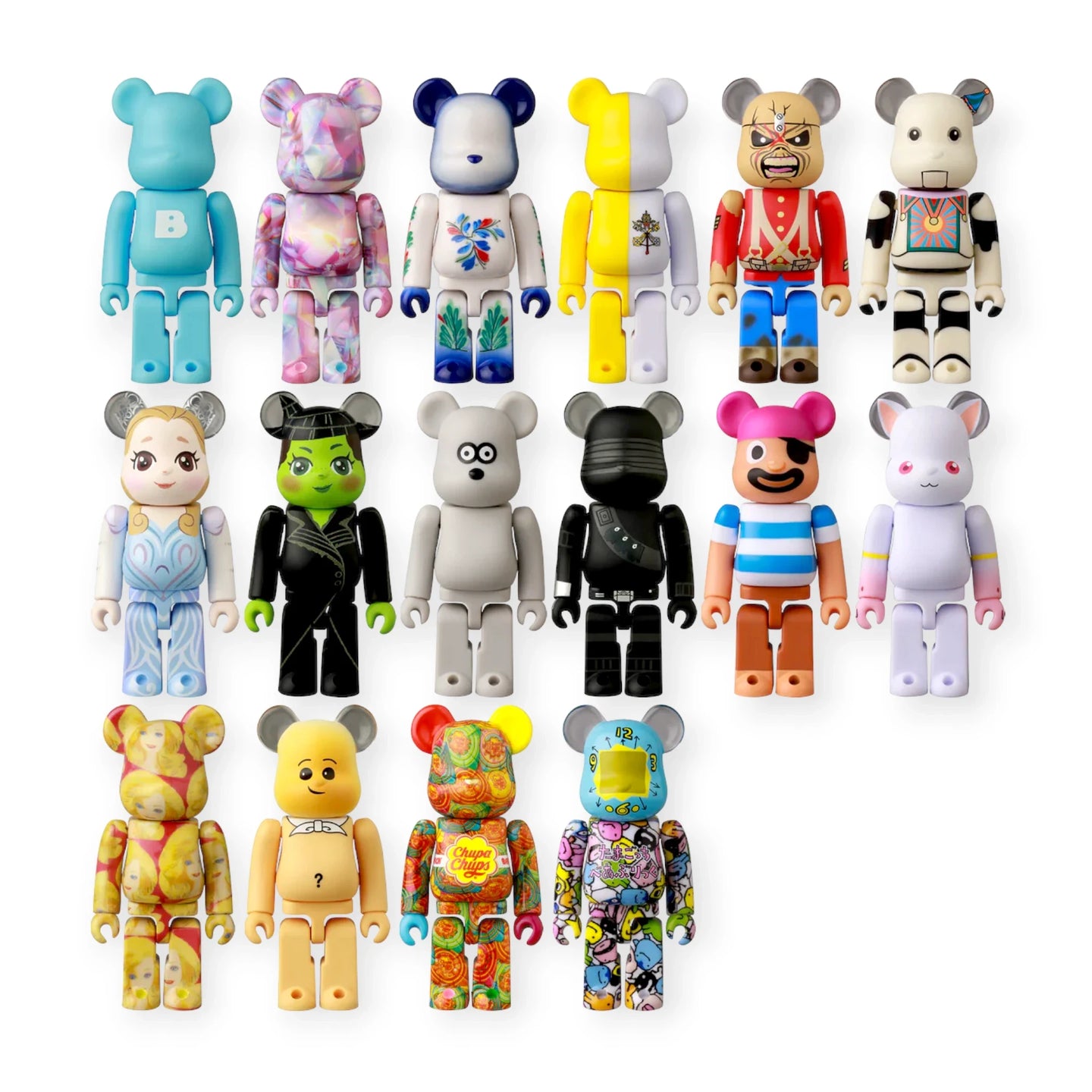 Collectible blind box bear figures, assorted designs in a display lineup
