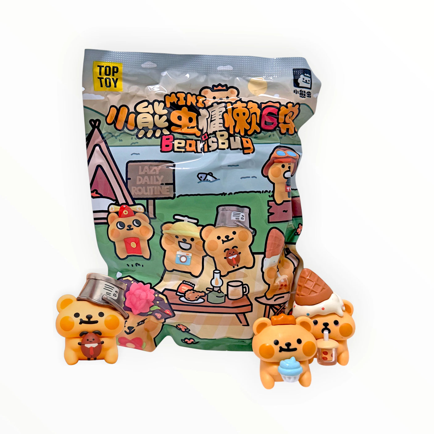 Blind box bear character figure set in printed bag with multiple small bear toys