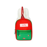 Plush mini backpack keychain with red zipper top, green lower pocket, miffy logo