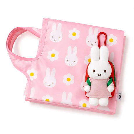 Pink Miffy tote bag with plush keychain backpack and red carabiner clip