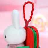 Miffy plush keychain backpack with red carabiner and green-striped straps