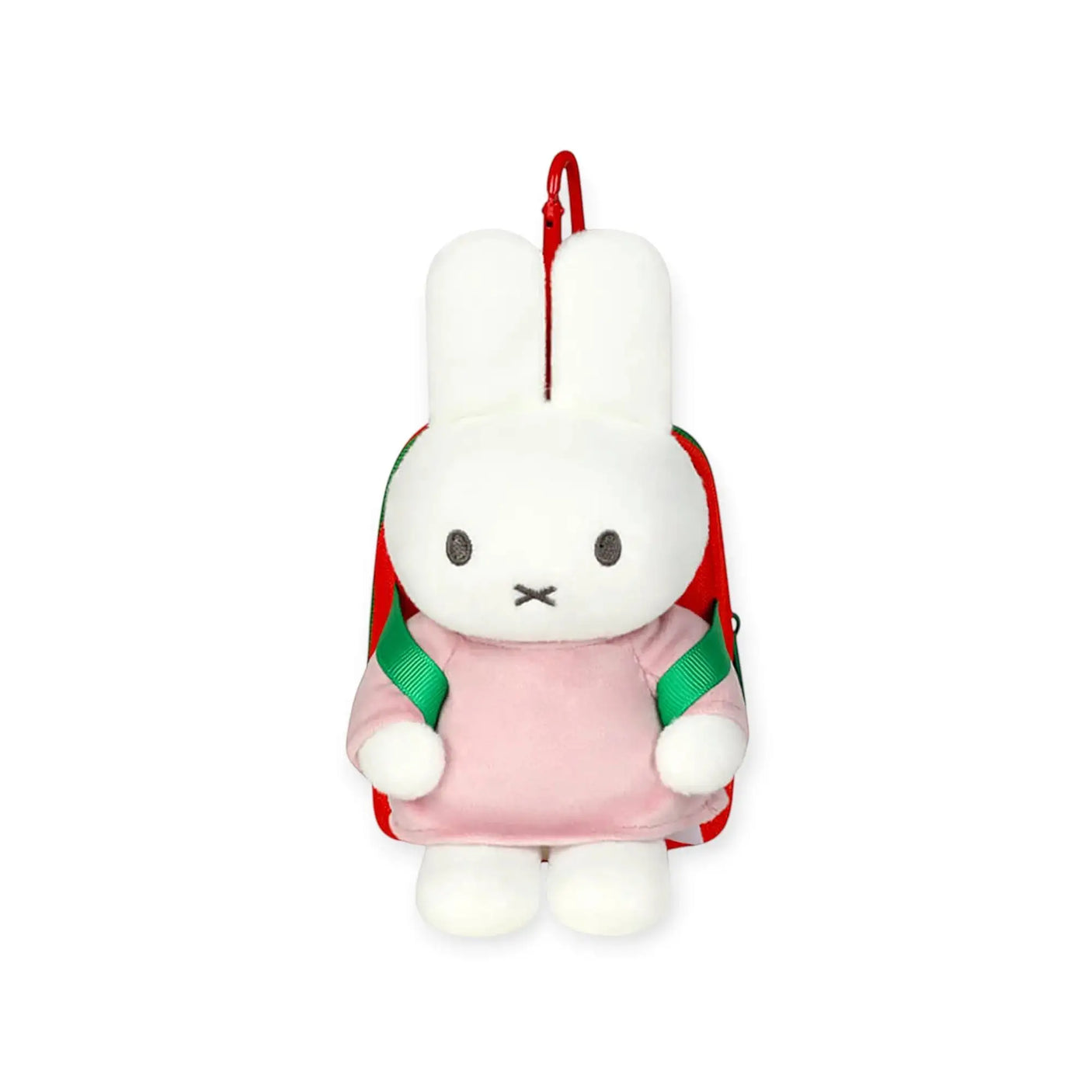 White plush rabbit backpack keychain with red straps and pink outfit
