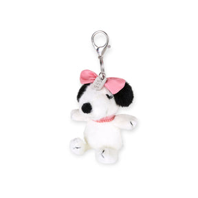 Fuzzy white plush keychain with black spots, pink bow, and metal key ring