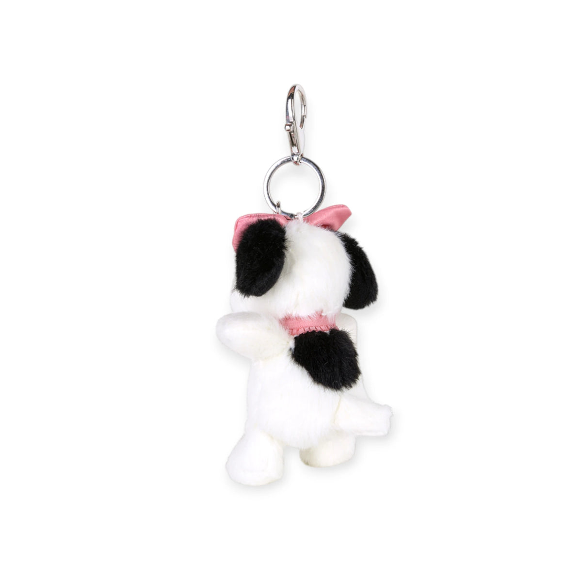 Fuzzy white plush keychain with black ears and pink inner ear, metal ring clip