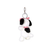 Fuzzy white plush keychain with black ears and pink inner ear, metal ring clip
