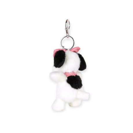 Fuzzy white plush keychain with black ears and pink inner ear, metal ring clip