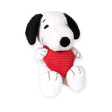 Snoopy corduroy plush dog with black ears, red heart-shaped bandana, white stripes