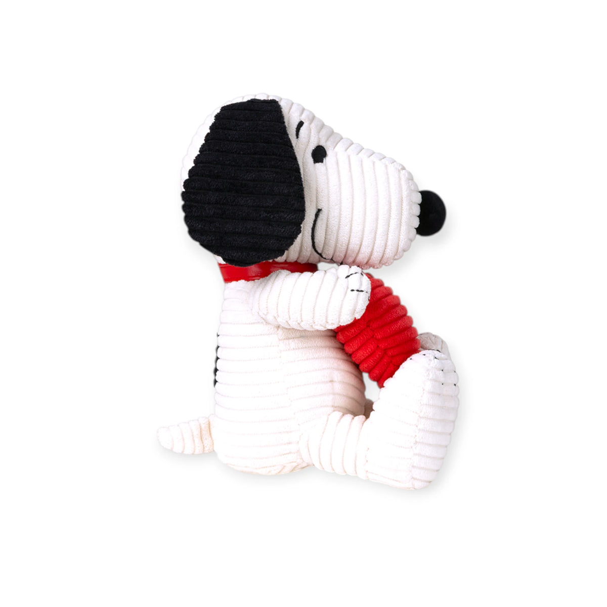 Snoopy corduroy plush dog sitting with black ears, red heart scarf, white ribbed fabric