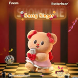 Plush bear with red bows and pink dress holding vintage microphone on checkered stage with disco ball and confetti