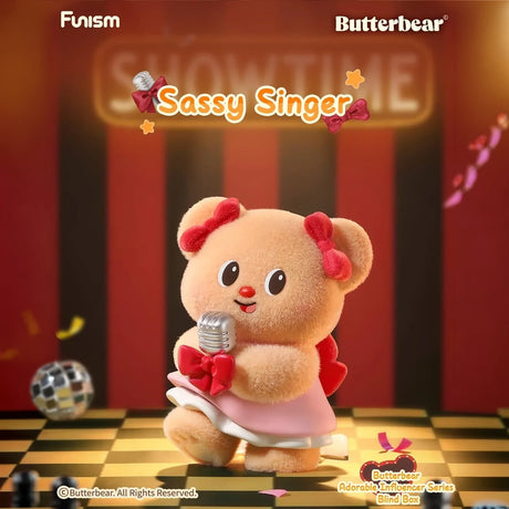 Plush bear with red bows and pink dress holding vintage microphone on checkered stage with disco ball and confetti