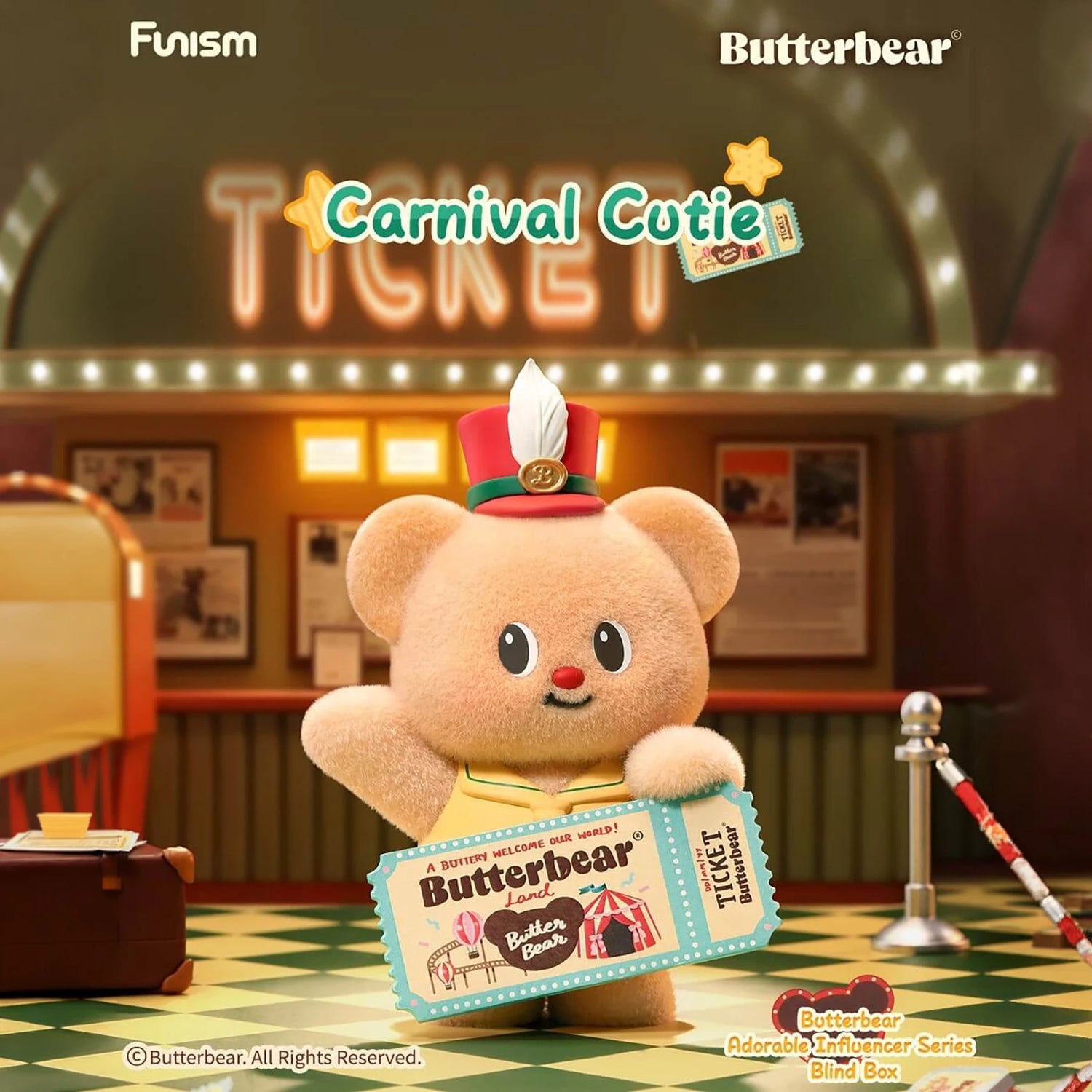 Plush bear wearing red hat with feather holding carnival ticket in front of illuminated ticket booth with vintage decor
