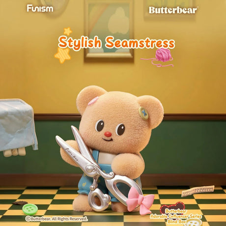 Plush bear wearing blue overalls holding oversized silver scissors with pink bow in cozy sewing room setting