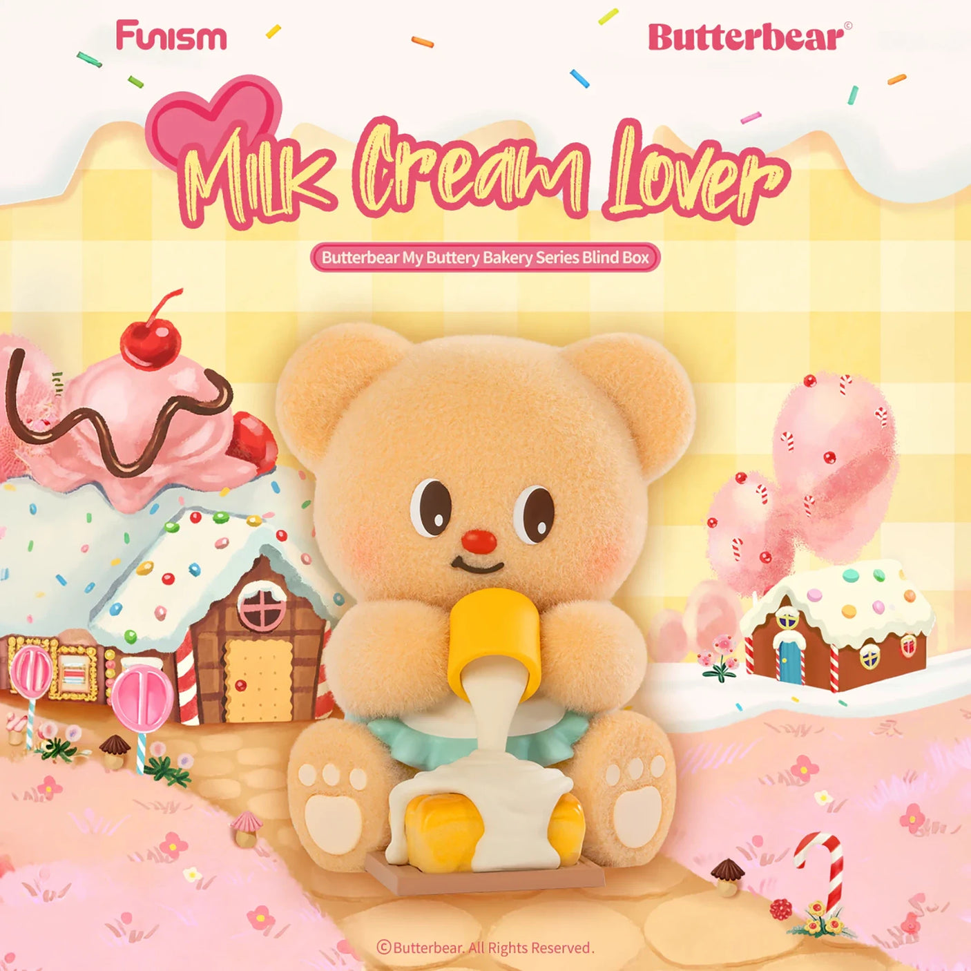 Charming bear figurine pouring milk cream with cupcake and candy-themed gingerbread houses in pastel landscape