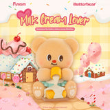 Charming bear figurine pouring milk cream with cupcake and candy-themed gingerbread houses in pastel landscape