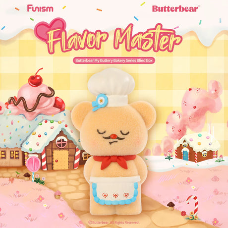 Plush bear figurine wearing chef hat and apron with red scarf standing in pastel candy house village background