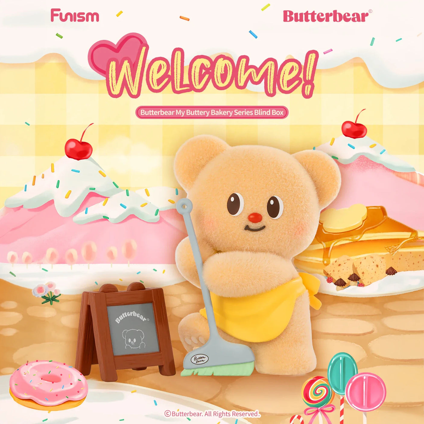 Plush bear with yellow apron holding spatula surrounded by dessert-themed background with cakes and sweets