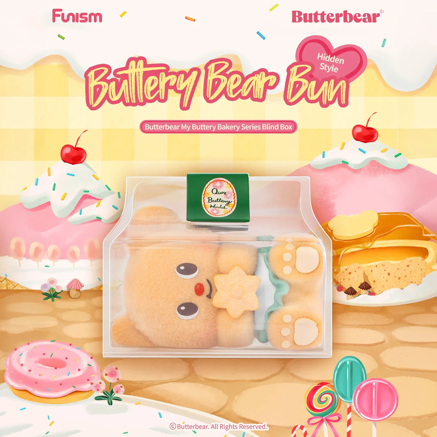 Cute bear-shaped bun toy with star cookie and paw details in clear packaging on pastel bakery-themed background