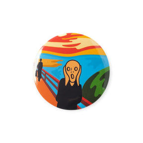 Round button badge with colorful artwork of a screaming figure under orange sky