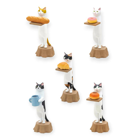 Five Kitan Club Cat Bakery Waiters stand upright, each holding a baked treat: a baguette, doughnut, bread rolls, coffee mug, and bagel. These charming figures from the Cat Bakery Waiter Blind Box are ready to serve with mini trays of delightful bakery items.