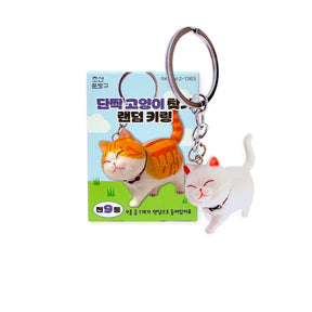 Cheeky Cats Keychain Blind Box showing two cat figures with bow ties, orange tabby and white, attached to packaging, gallery 1