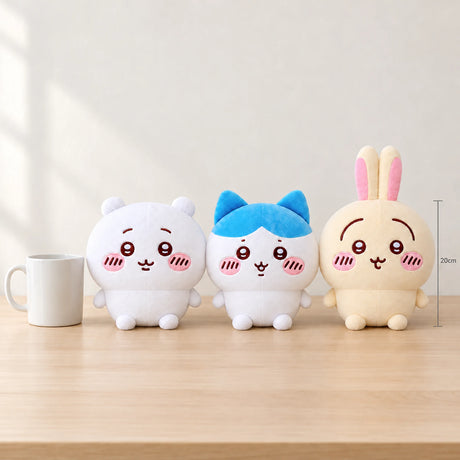 Set of three 20cm plush toys: white, blue, and beige cat styles with pink paws