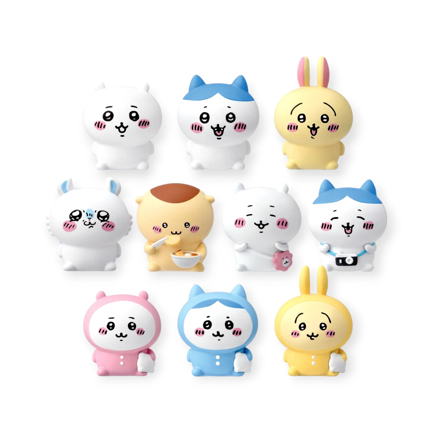 The Chiikawa Puppet Figure Blind Box offers nine charming, cartoonish animal figures, including cats, a rabbit, and bears in pastel hues. These soft vinyl collectibles are delightfully arranged in rows of three.