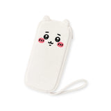 Plush zipper case with bear-face print and long strap, white fabric