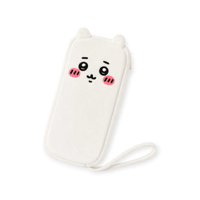 Plush zipper case with bear-face print and long strap, white fabric