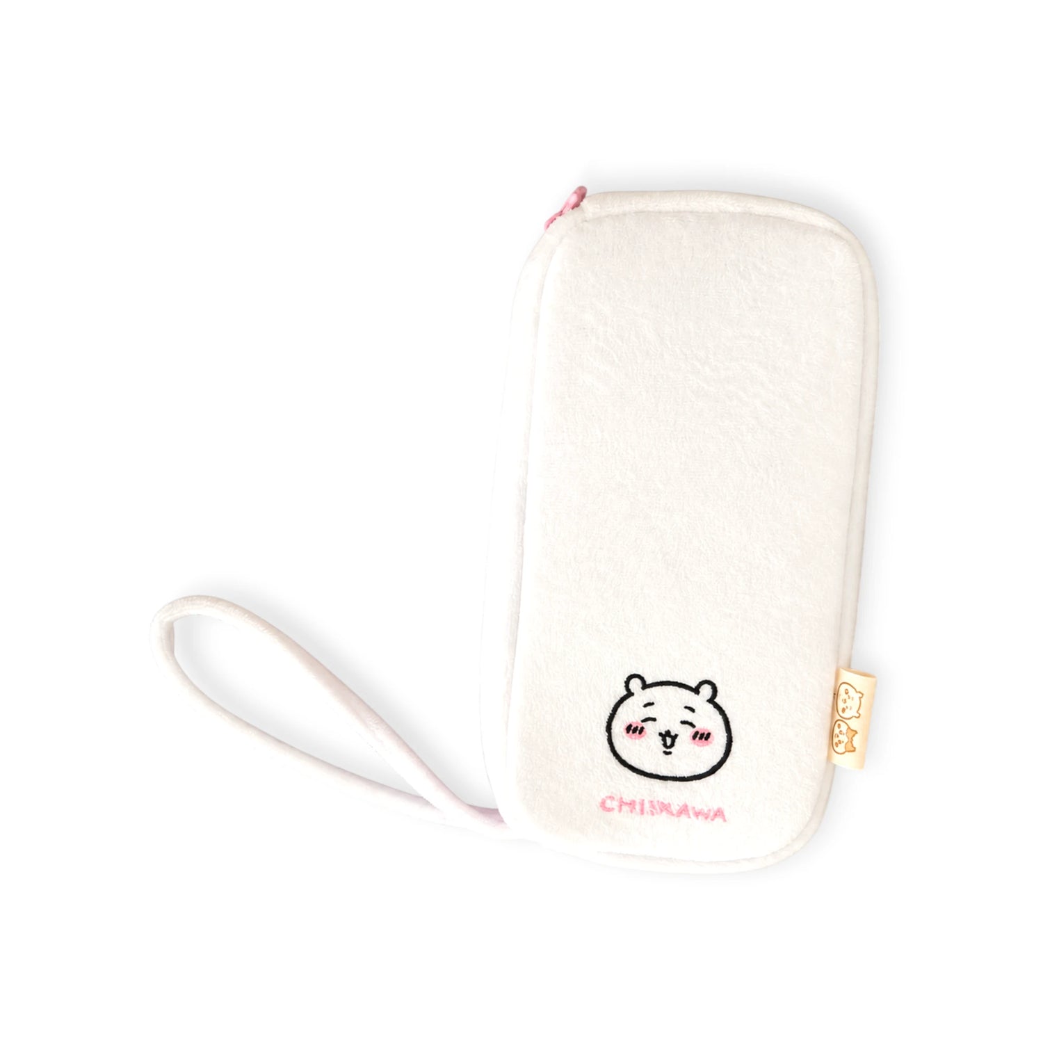 Plush zipper case back with character patch and white strap loop, cream-white