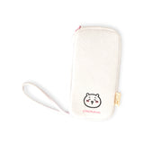 Plush zipper case back with character patch and white strap loop, cream-white