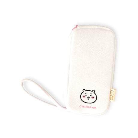 Plush zipper case back with character patch and white strap loop, cream-white