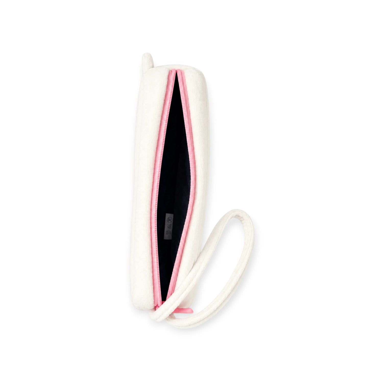 Plush zipper case open view showing dark interior and pink zipper, cream