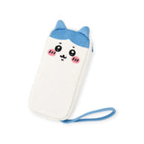 Zipper case with strap, white fabric with blue cat face and paw-print detail