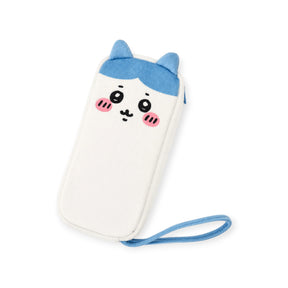 Zipper case with strap, white fabric with blue cat face and paw-print detail