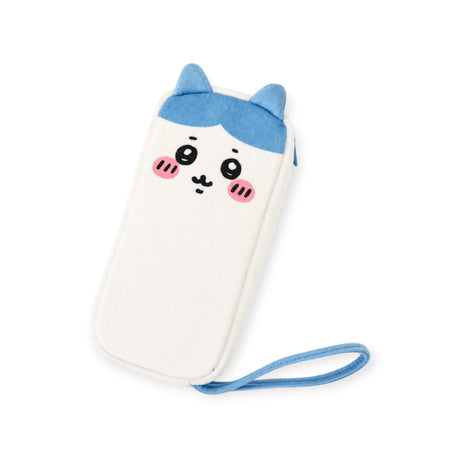 Zipper case with strap, white fabric with blue cat face and paw-print detail