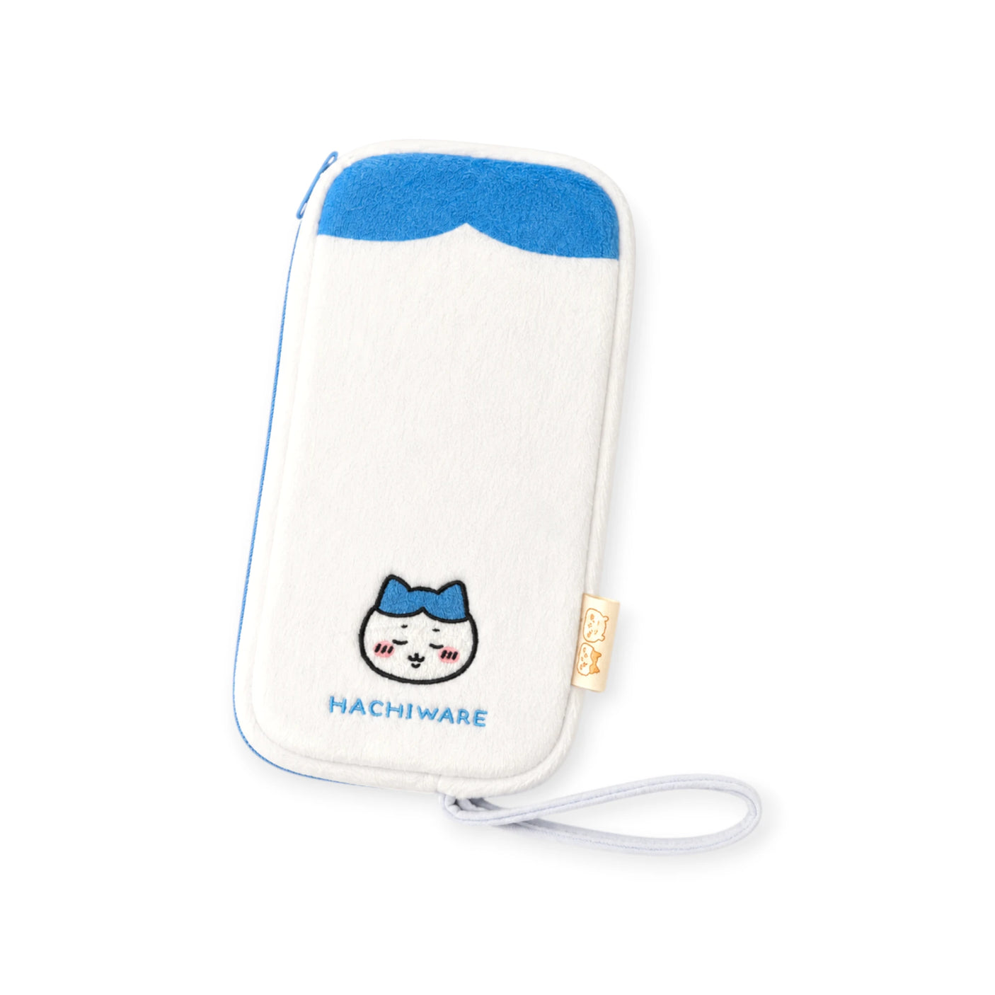 Zipper case with strap, white fabric with blue cat logo and Hachiware label