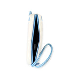 Zipper case with strap, open top with blue zipper track and dark interior