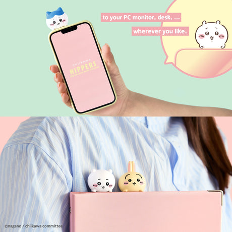 A smartphone and a laptop are decorated with Sonny Angel Chiikawa Hippers Blind Box figures—cute animal-shaped stick-on companions. One figure is on the phone, while two others are clipped to the laptop screen.