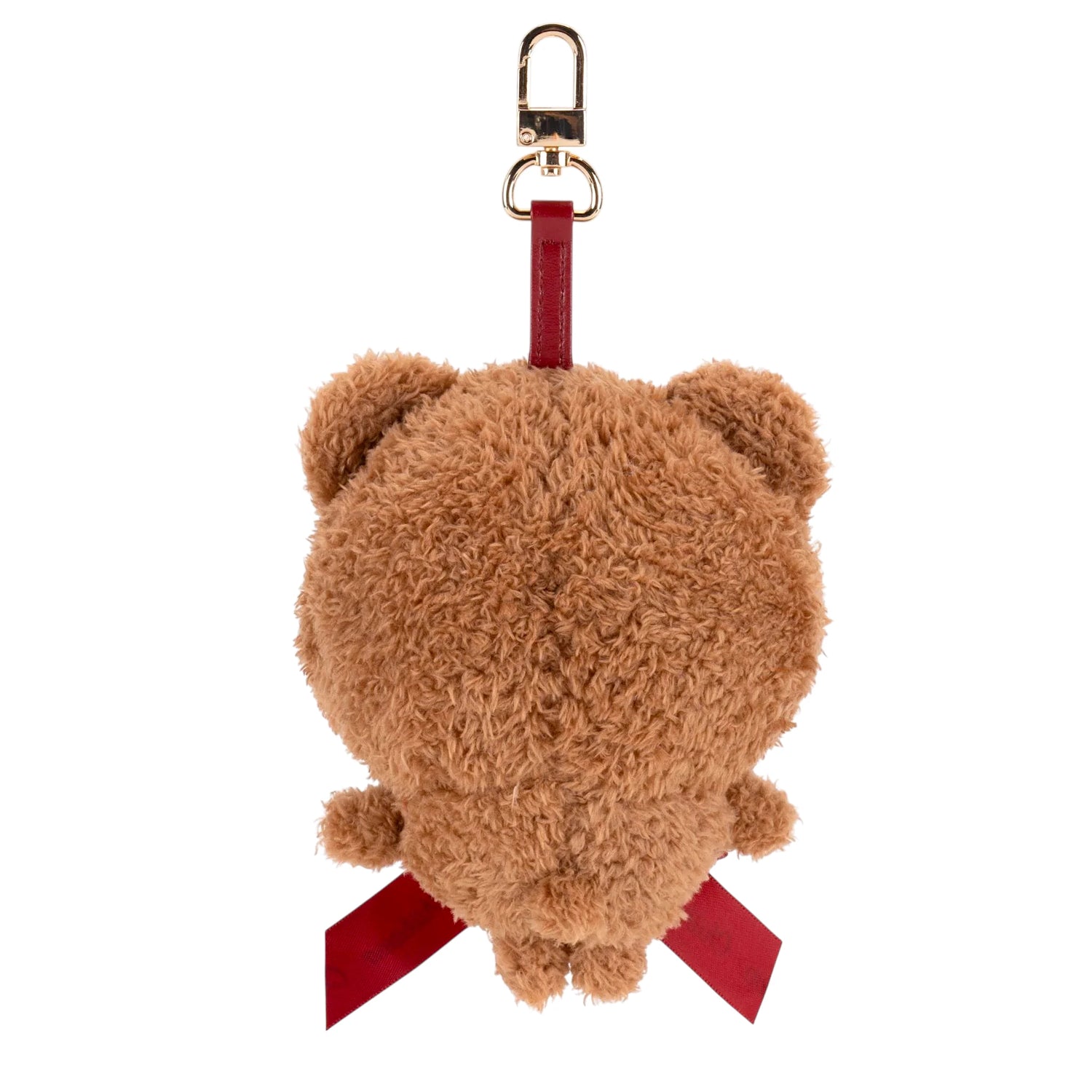 Brown teddy bear plush keychain back view with red strap and metal clip.
