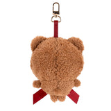 Brown teddy bear plush keychain back view with red strap and metal clip.