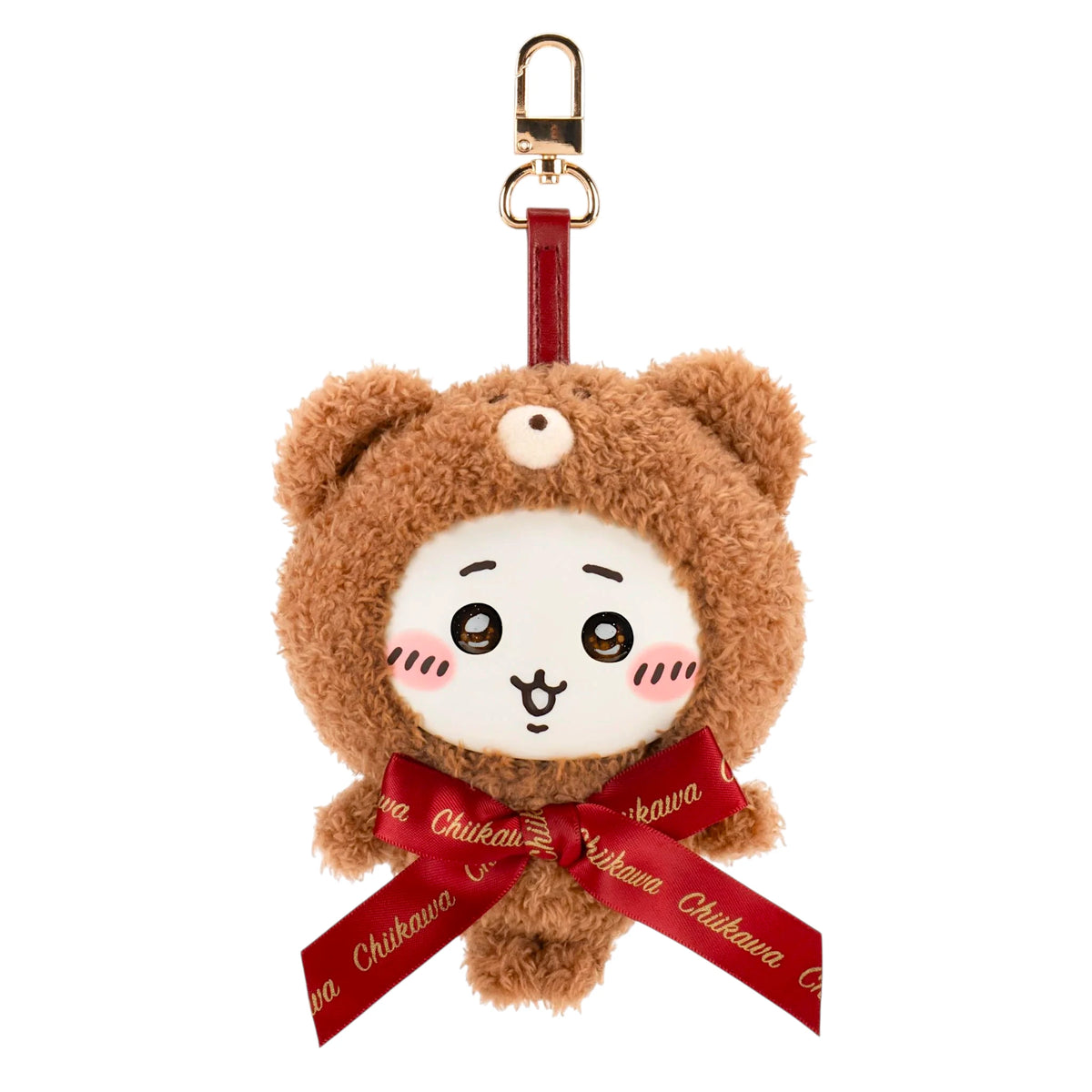 Brown teddy bear plush keychain with red ribbon and metal clip, front face close-up.