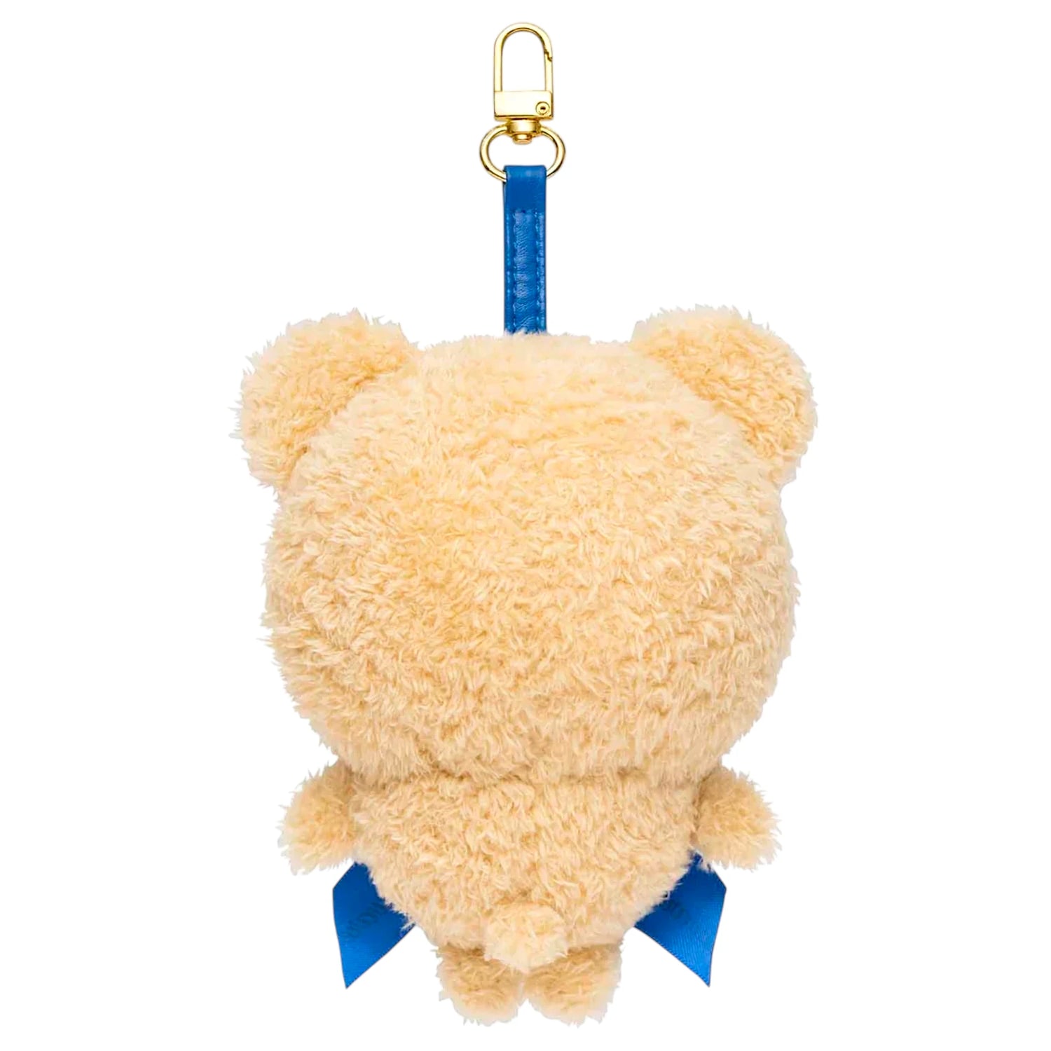 Light tan teddy bear plush keychain back view with blue strap and metal clip.