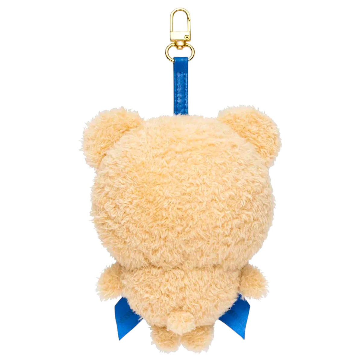 Light tan teddy bear plush keychain back view with blue strap and metal clip.