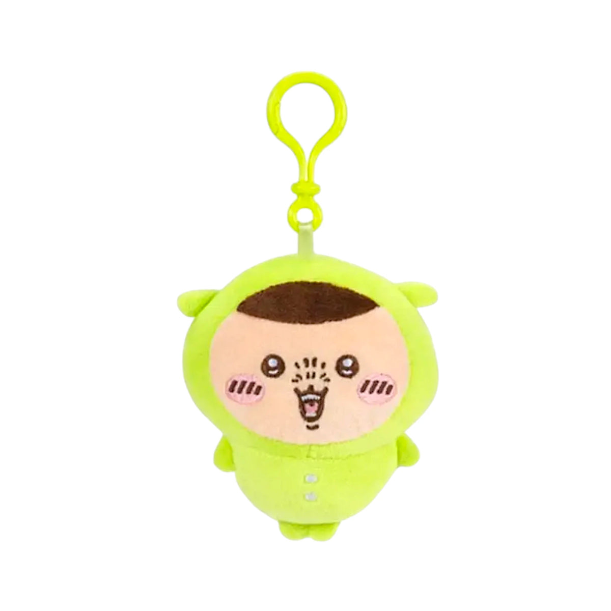 Green Chiikawa pyjama plush keychain with brown tuft hair and hanging loop