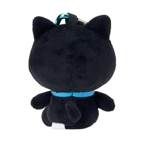 Black cat plush keychain with teal metal clasp loop and yellow ear accents