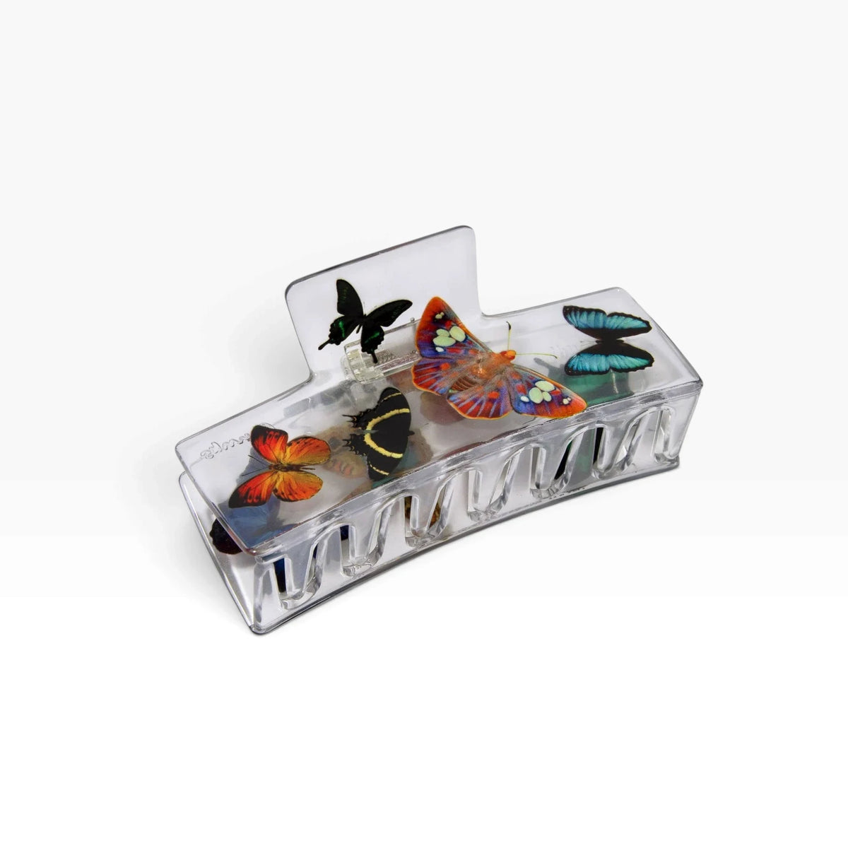 Clear box claw clip with multicolor butterflies set in the transparent top