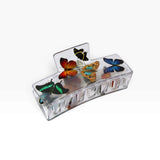 Clear box claw clip with colorful butterfly charms and open prongs