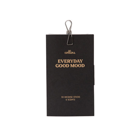 Black Collins Natural incense box labeled Everyday Good Mood with metal clip, holding 10 sticks of 5 scents, front view.